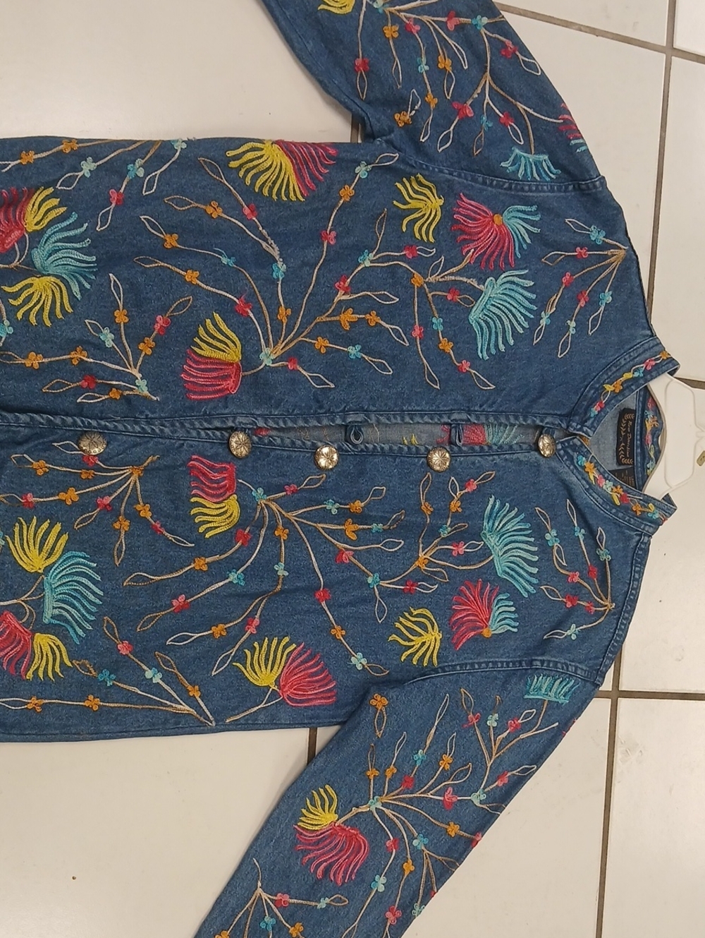 Blue Denim Womens Jacket with Multicolor Floral Embroidery